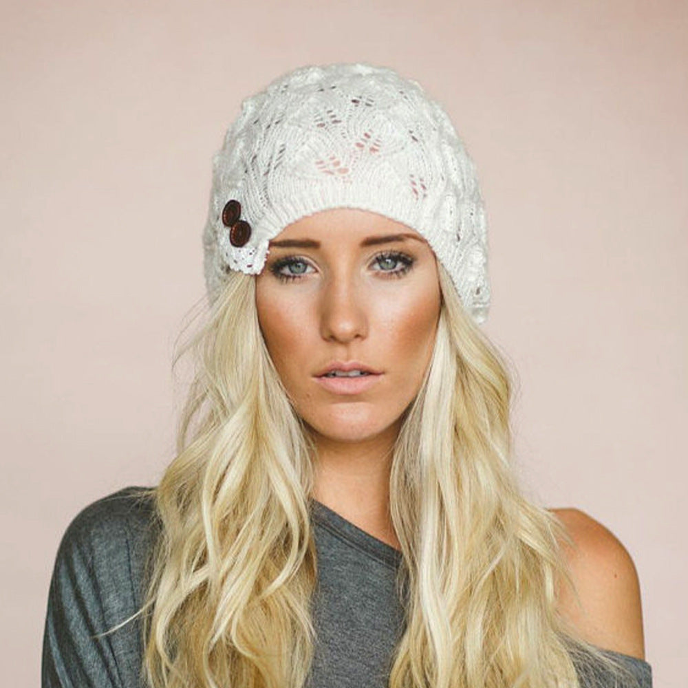 Wholesale Pure Woolen Hat Hollow Leaf Lace Button Knitted Hat